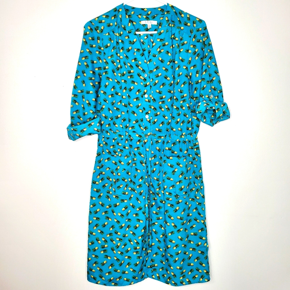 21?) Spense Pineapple Button-Up Midi Roll Up Slee… - image 1